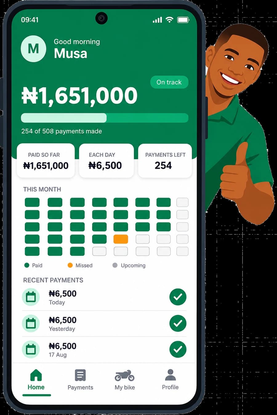 The Relay app showing a rider's balance and recent payments